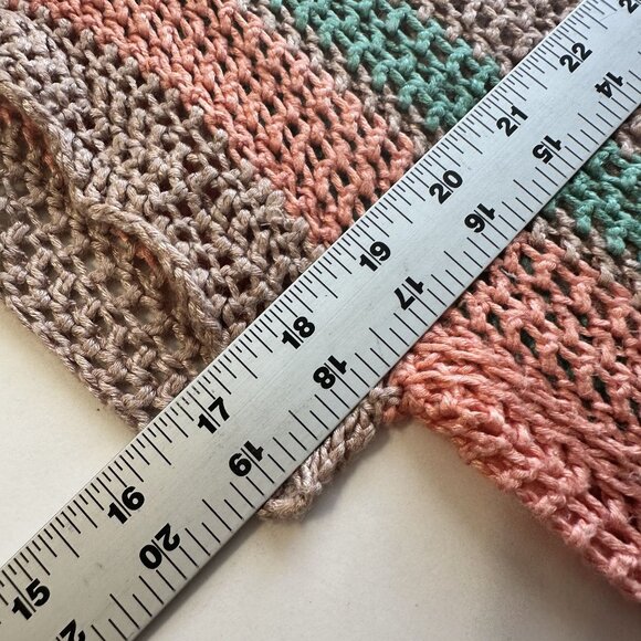 Womens Boho Open Knit Top Tan Striped Scalloped Hem Tunic Beach Cover Up Medium - Picture 3 of 6